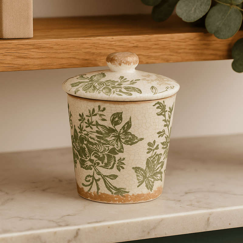 Ceramic Jar - Green Floral Silhouettes