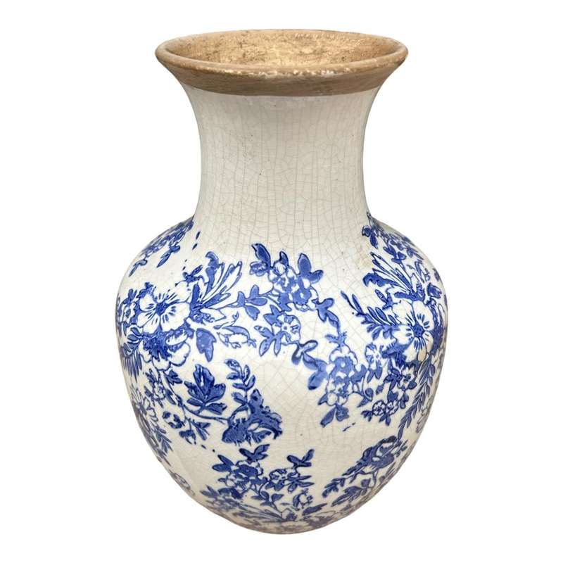 Ceramic Long Neck Vase - Blue Floral Silhouettes