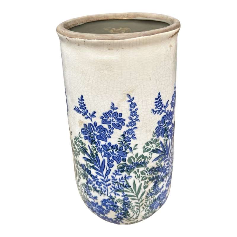 Ceramic Long Vase - Blue And Green Floral Silhouettes