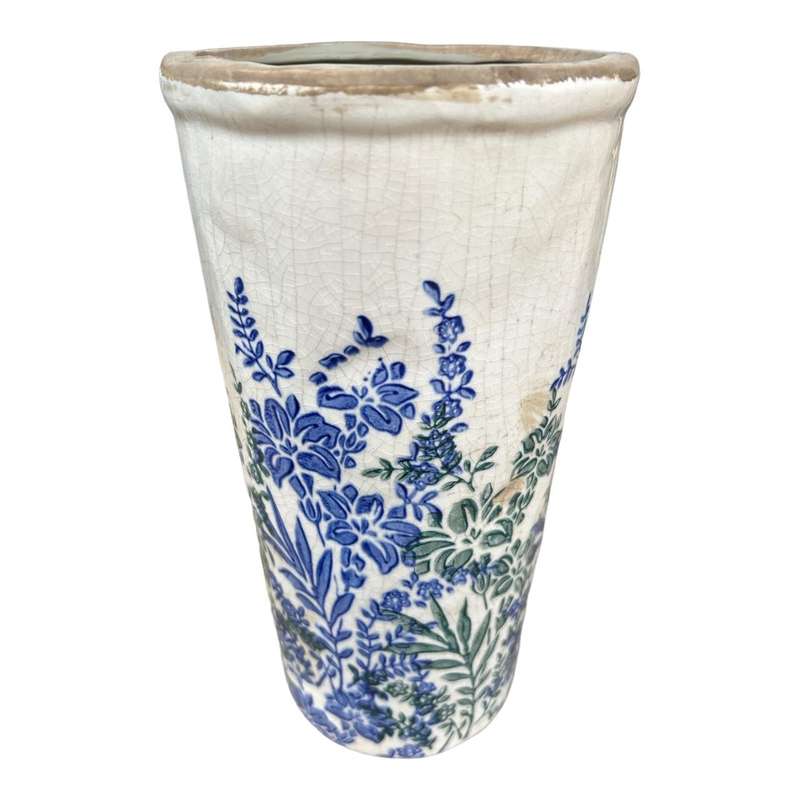 Ceramic Long Vase - Blue And Green Silhouettes