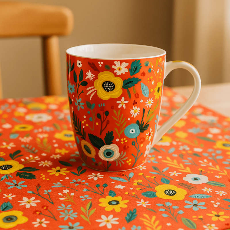 Ceramic Mug with Red Wild Flower Design