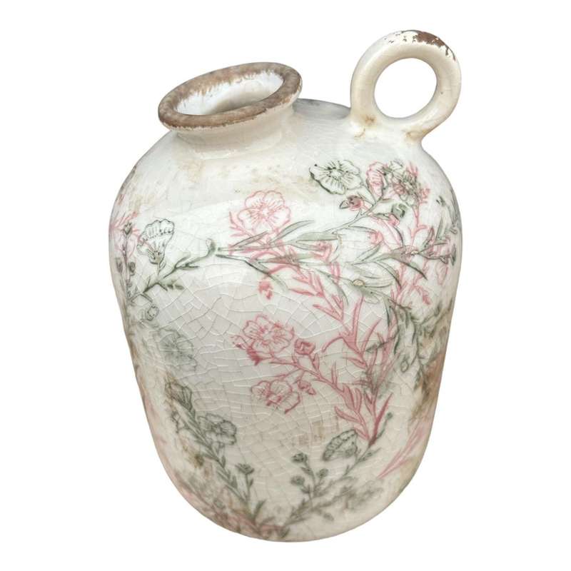 Ceramic One Ear Jug - Green And Pink Floral Outlines