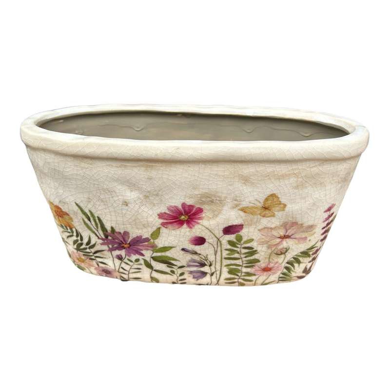 Ceramic Oval Pot Planter - Wildflowers And Butterfly