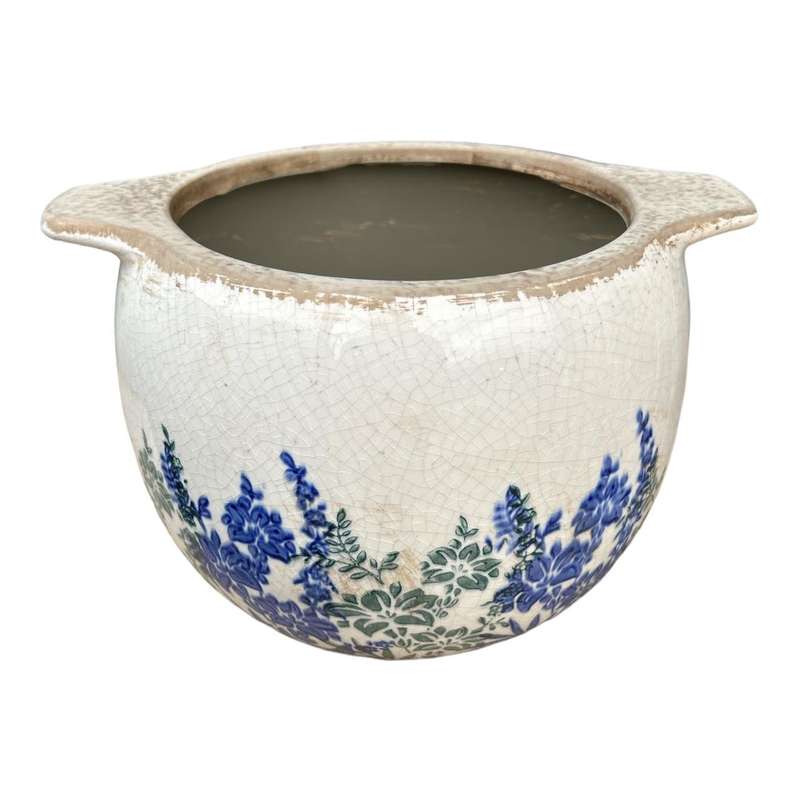 Ceramic Pot - Blue And Green Floral Silhouettes