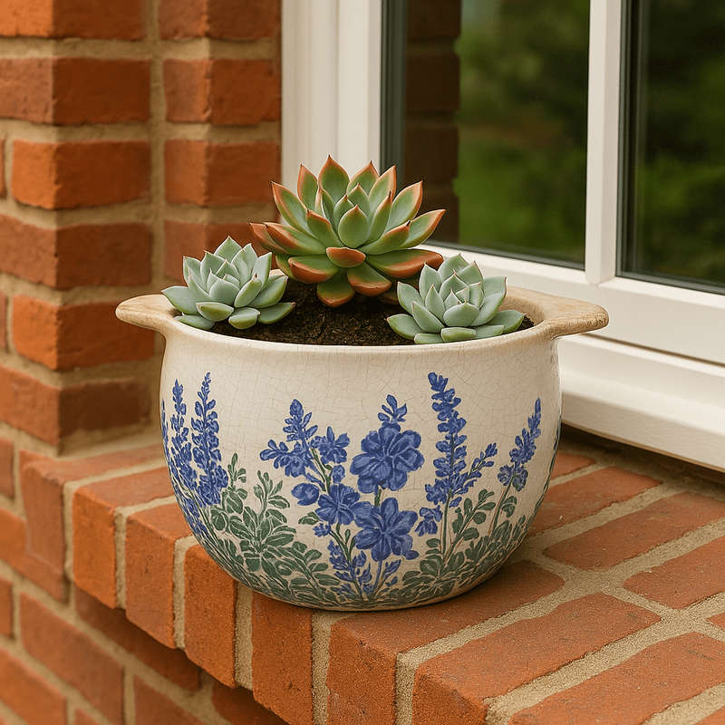 Ceramic Pot - Blue And Green Floral Silhouettes