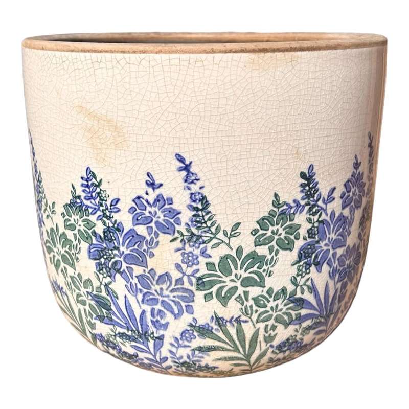 Ceramic Pot - Blue And Green Flowers