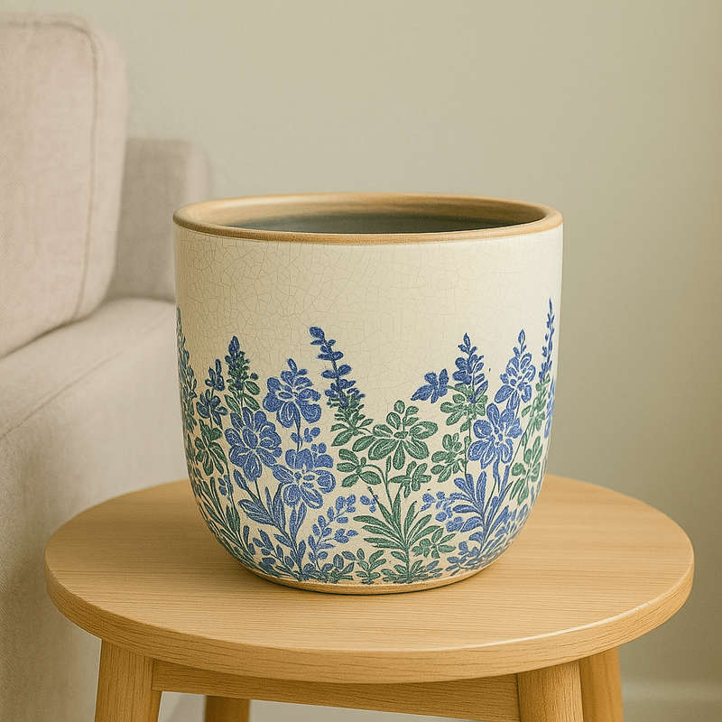 Ceramic Pot - Blue And Green Flowers