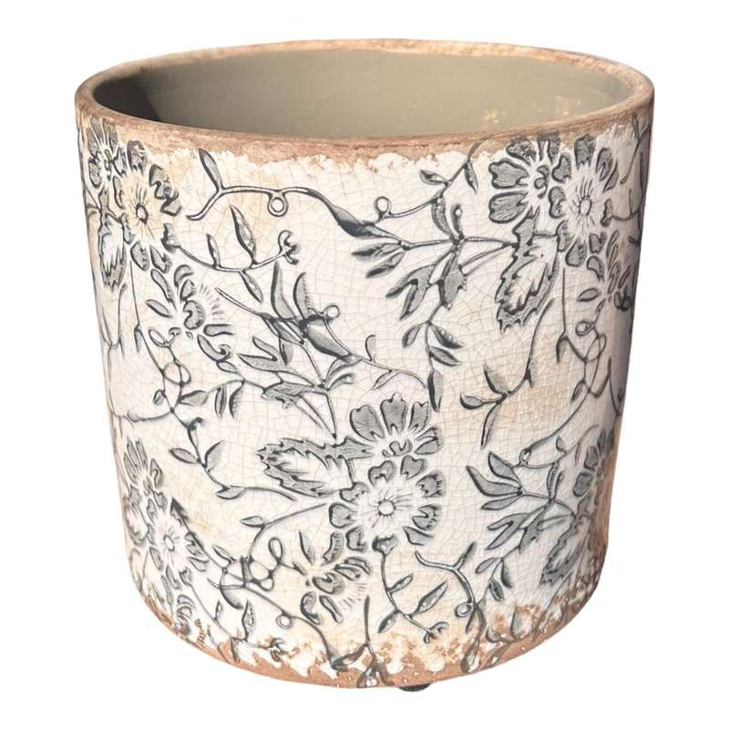 Ceramic Pot - Grey Flowers And Leaves
