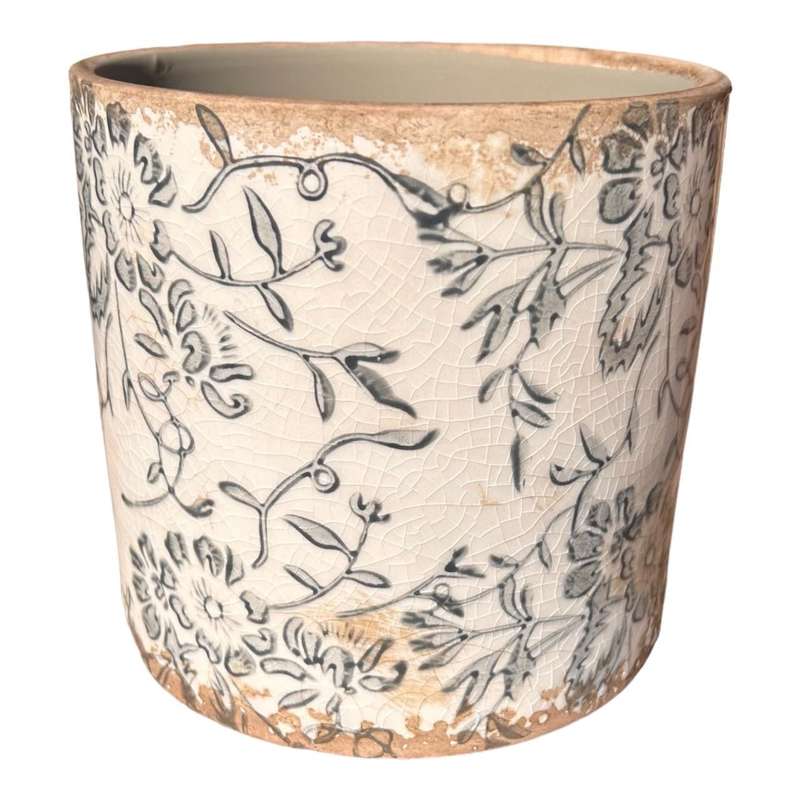 Ceramic Pot - Grey Flowers And Leaves