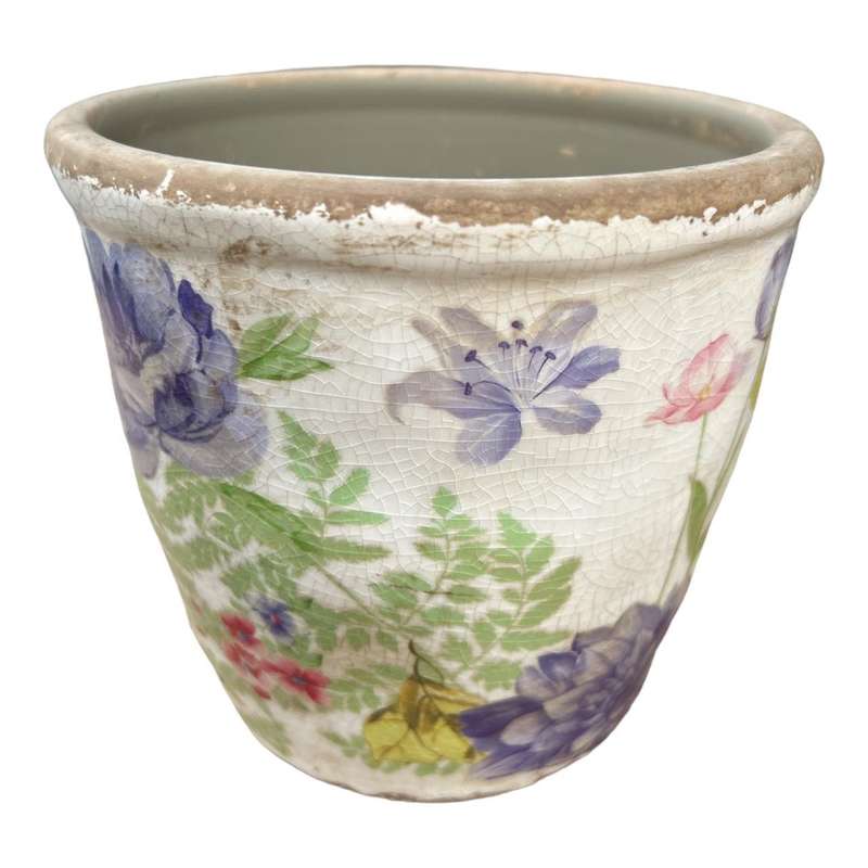 Ceramic Pot - Large Purple Flowers And Green Leaves