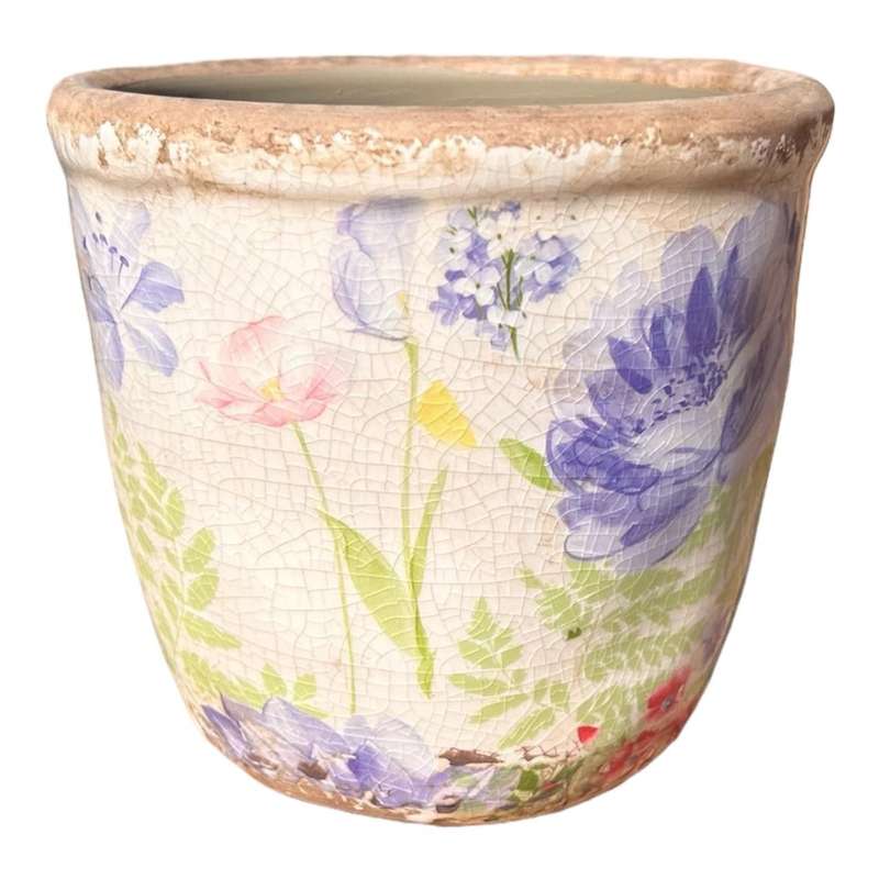 Ceramic Pot - Large Purple Flowers and Leaves