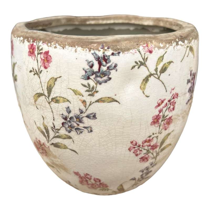 Ceramic Pot - Pink Flowers And Yellow Leaves