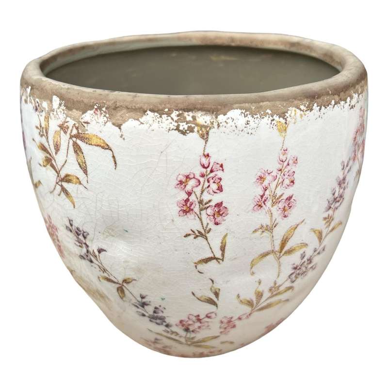 Ceramic Pot - Pink Flowers And Yellow Leaves