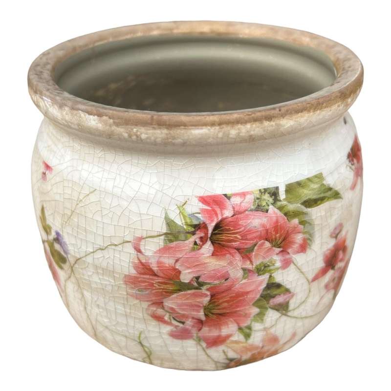 Ceramic Pot - Pink Lily Flower And Edelweiss