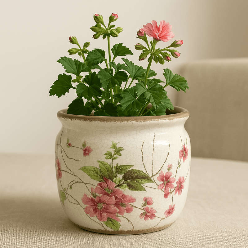 Ceramic Pot - Pink Lily Flower And Edelweiss