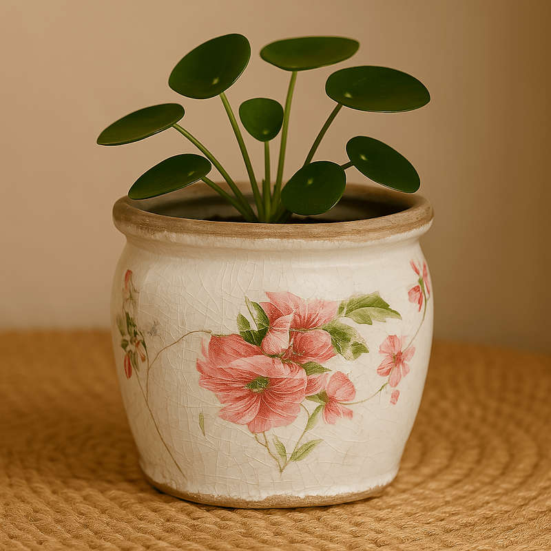 Ceramic Pot - Pink Lily Flower And Edelweiss