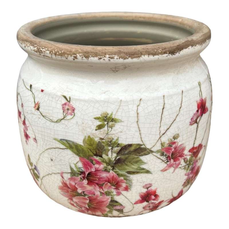 Ceramic Pot - Pink Lily Flower And Edelweiss