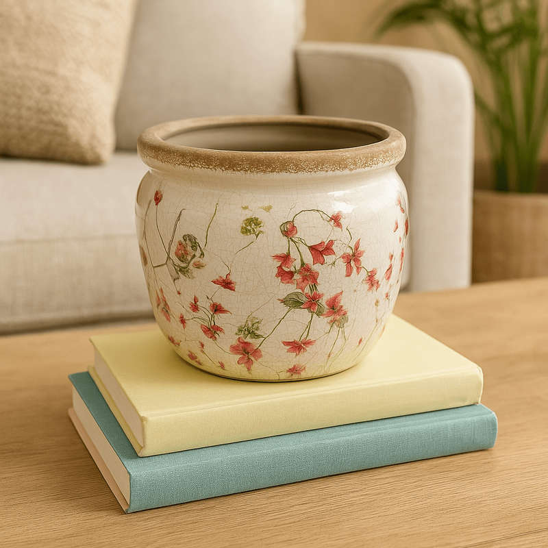 Ceramic Pot - Pink Lily Flower And Edelweiss