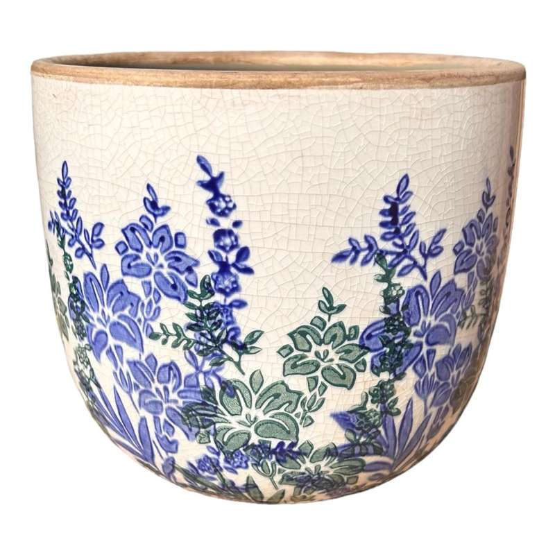 Ceramic Pot Planter - Blue And Green Flowers