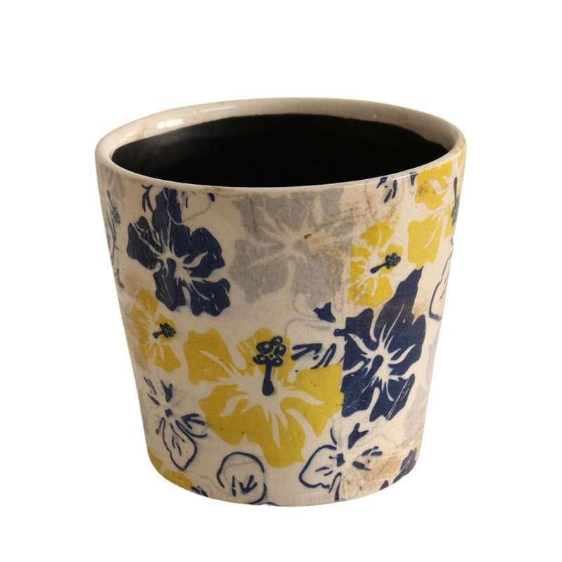 Ceramic Pot Planter - Yellow, Blue And Grey Flowers