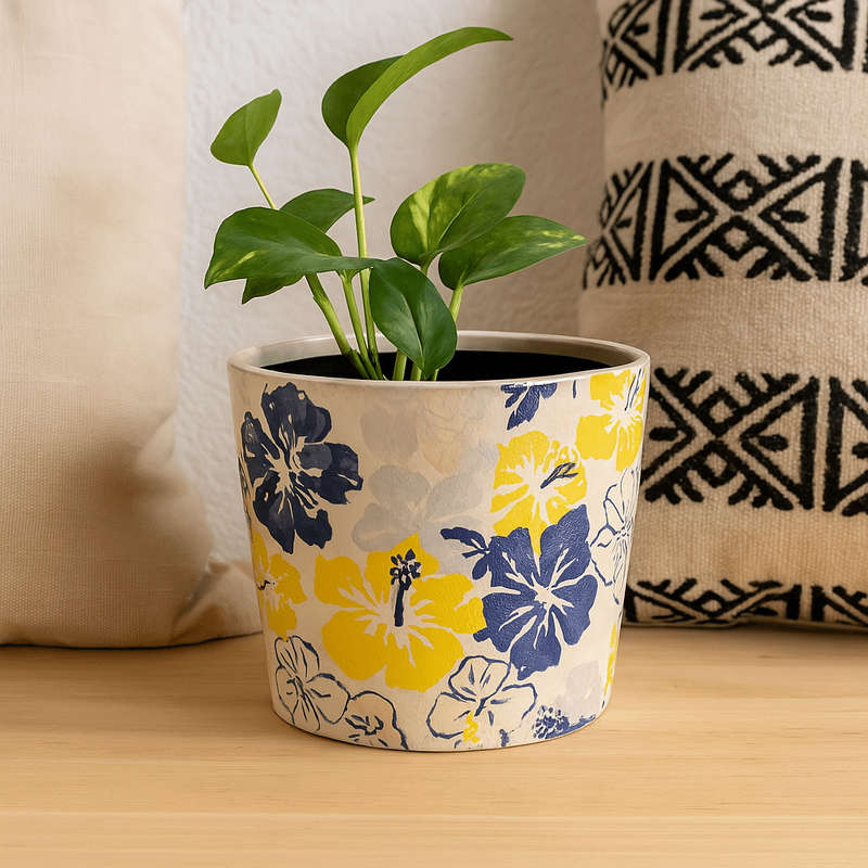 Ceramic Pot Planter - Yellow, Blue And Grey Flowers