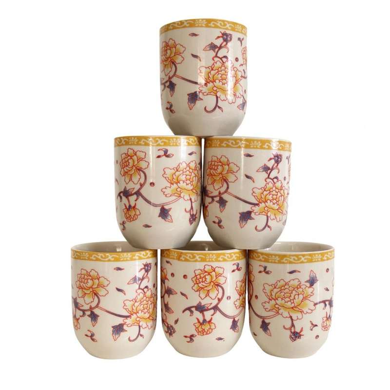 Ceramic Tea Cup Set of 6 - Red And Orange Flowers And Vines