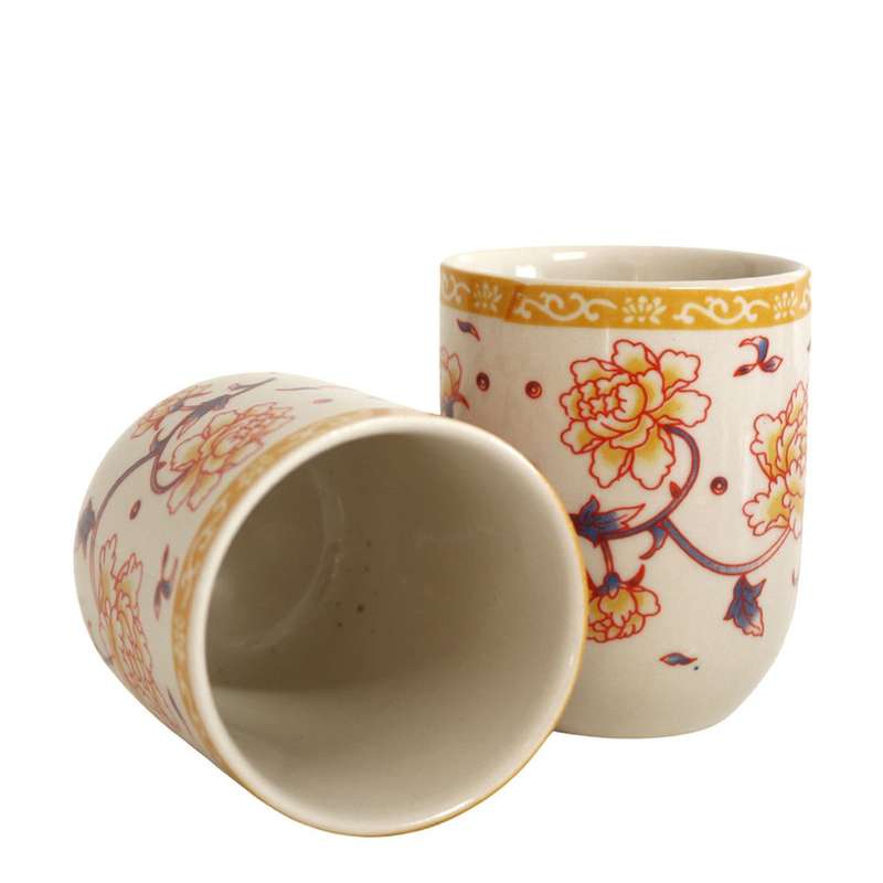 Ceramic Tea Cup Set of 6 - Red And Orange Flowers And Vines