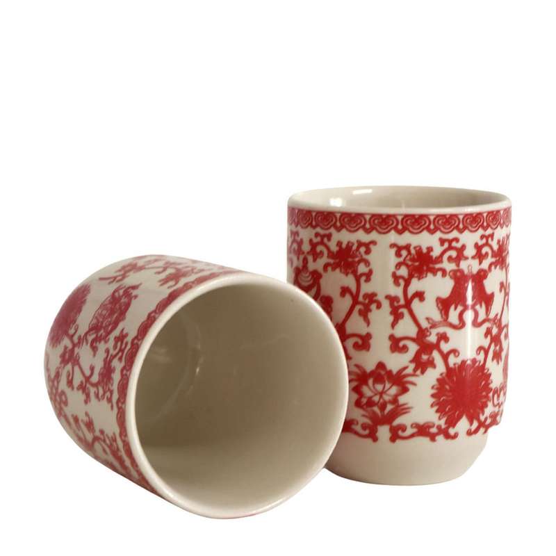 Ceramic Tea Cup Set of 6 - Small Red Flowers And Thin Vines