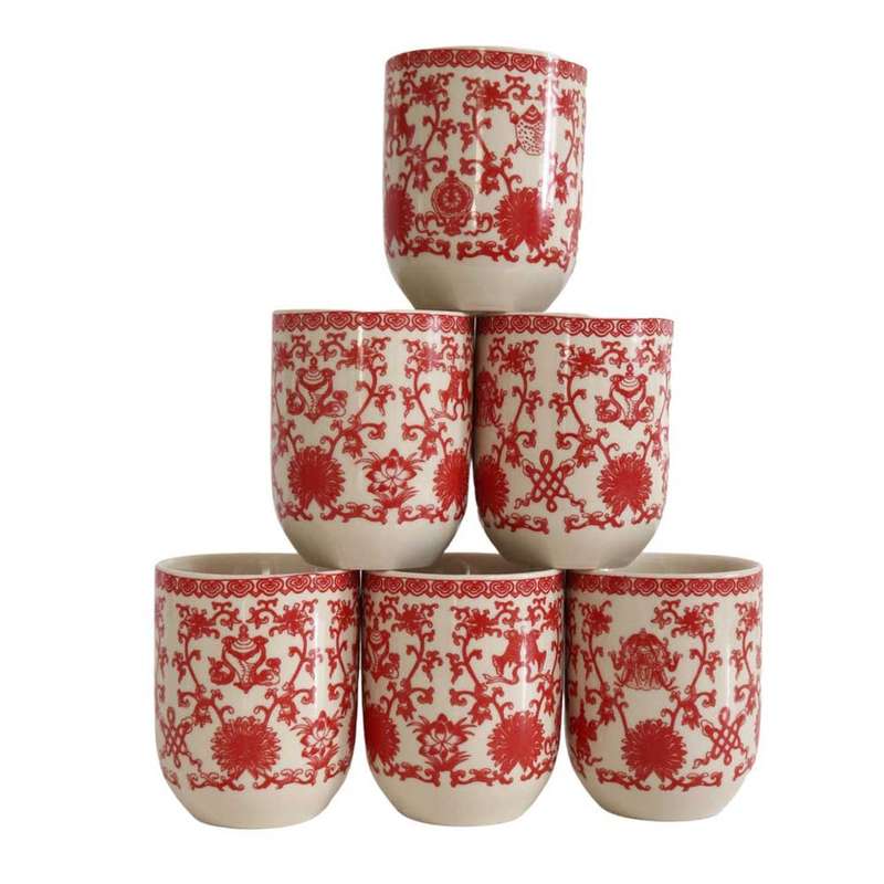 Ceramic Tea Cup Set of 6 - Small Red Flowers And Thin Vines