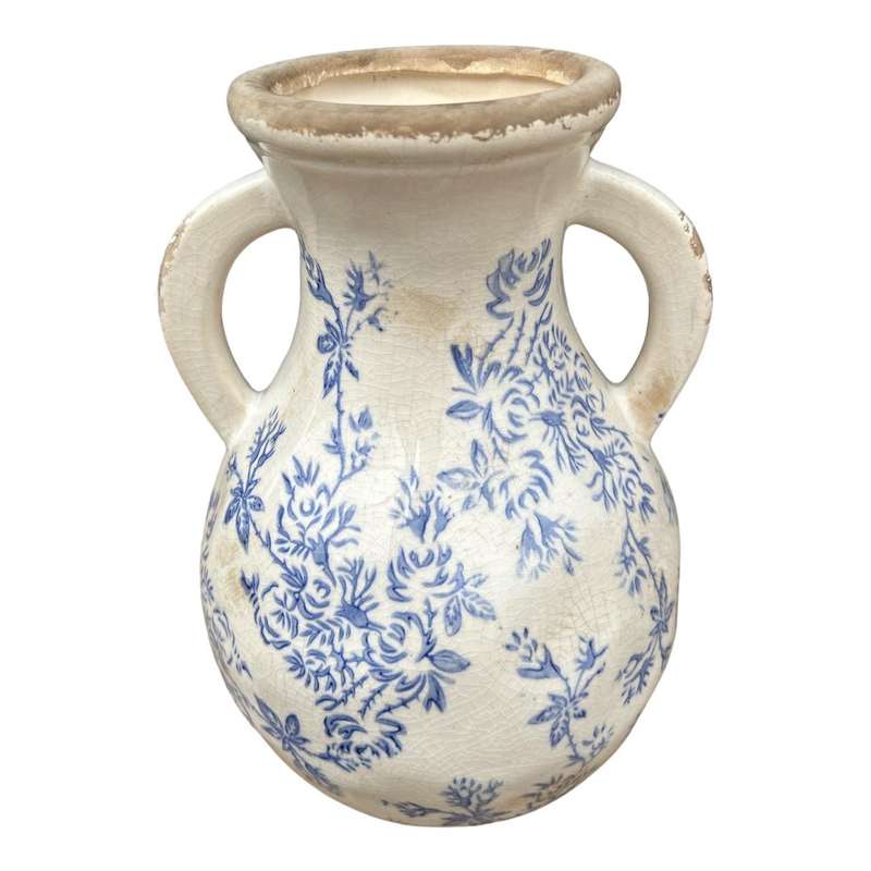 Ceramic Two Arm Vase - Blue Leaves Silhouettes