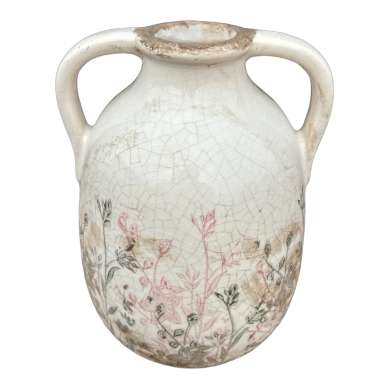 Ceramic Two Arm Vase - Green And Pink Floral Silhouettes