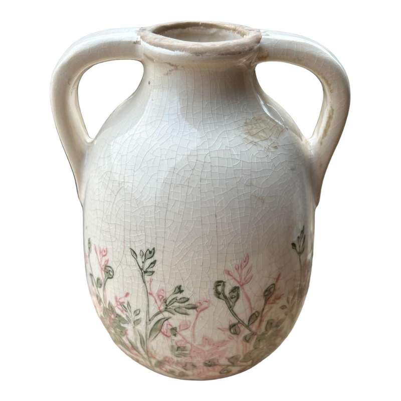 Ceramic Two Arm Vase - Green And Pink Floral Silhouettes