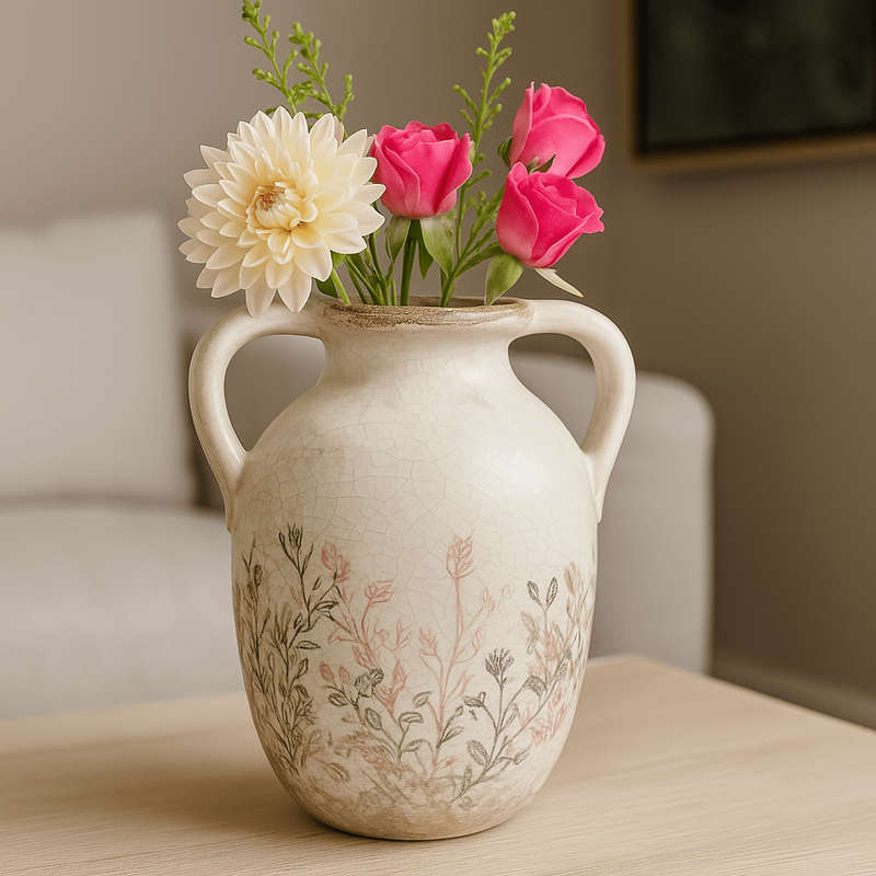 Ceramic Two Arm Vase - Green And Pink Floral Silhouettes