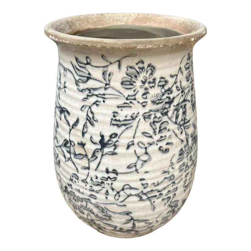 Ceramic Vase - Black Floral Silhouettes, Rippled Body