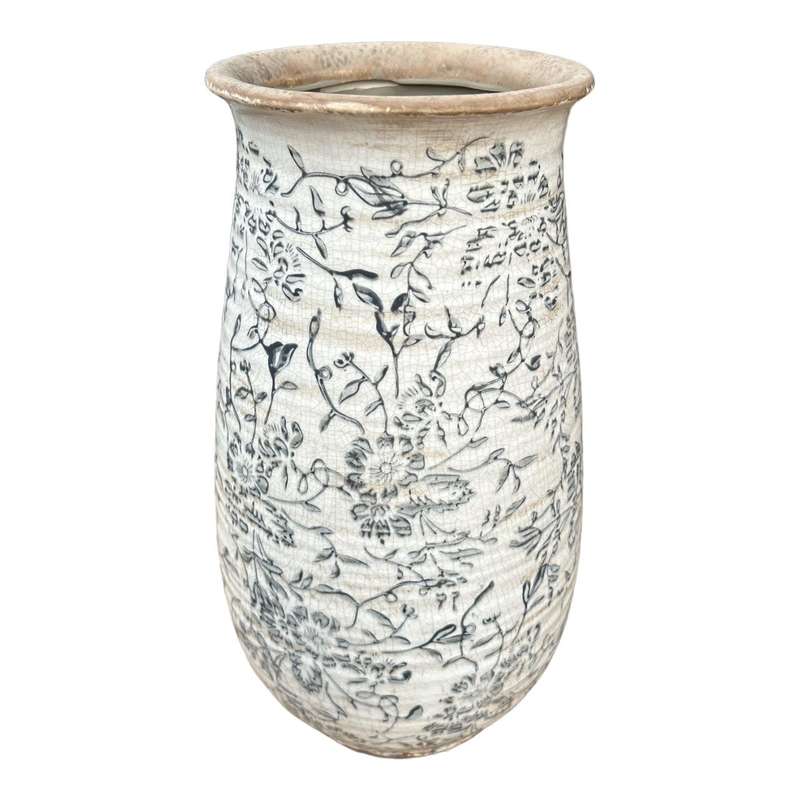 Ceramic Vase - Black Floral Silhouettes, Rippled Body