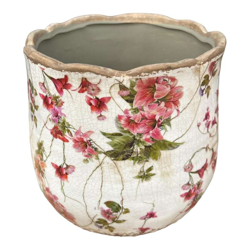 Ceramic Wavy Rim Pot - Pink Lily Flower And Edelweiss