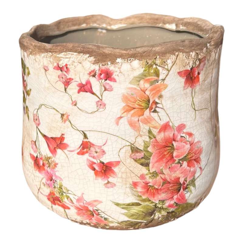 Ceramic Wavy Rim Pot - Pink Lily Flower And Edelweiss