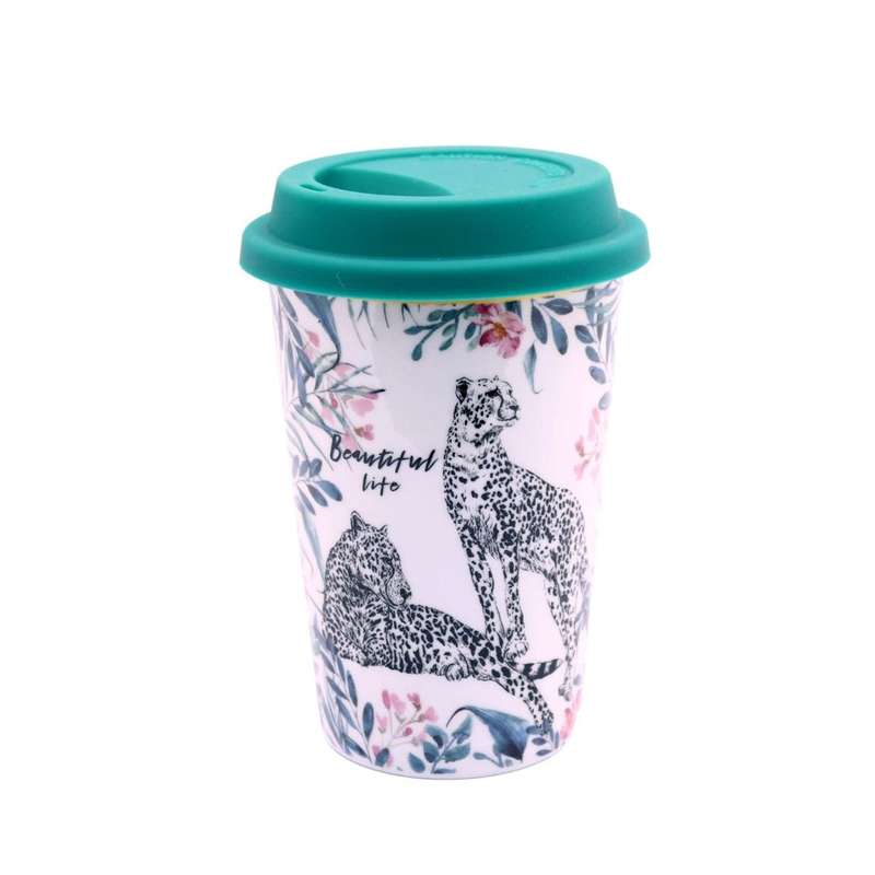 Cheetah and Leaves Design Travel Mug with Dark Green Lid