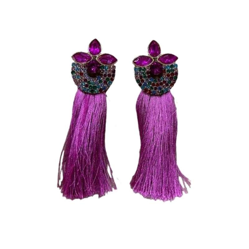 Drop Earring - Pink Stones And Tassel Tail