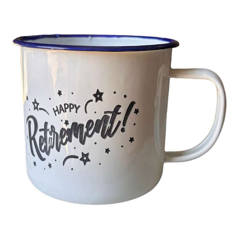 Engraved Happy Retirement Enamel Mug