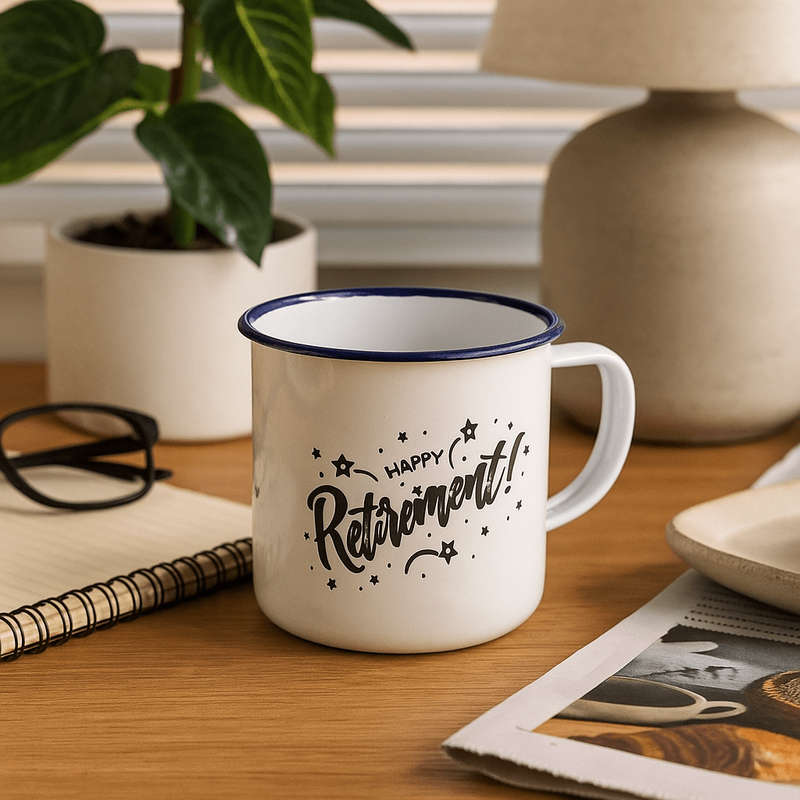 Engraved Happy Retirement Enamel Mug