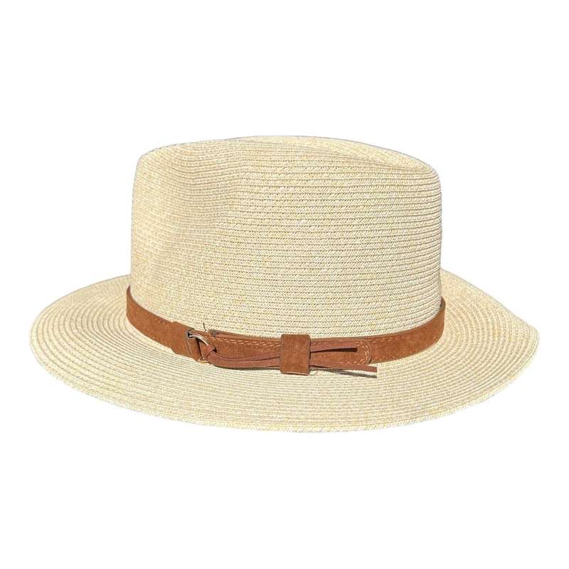 Fedora Hat - Cream, Brown Faux Leather Band