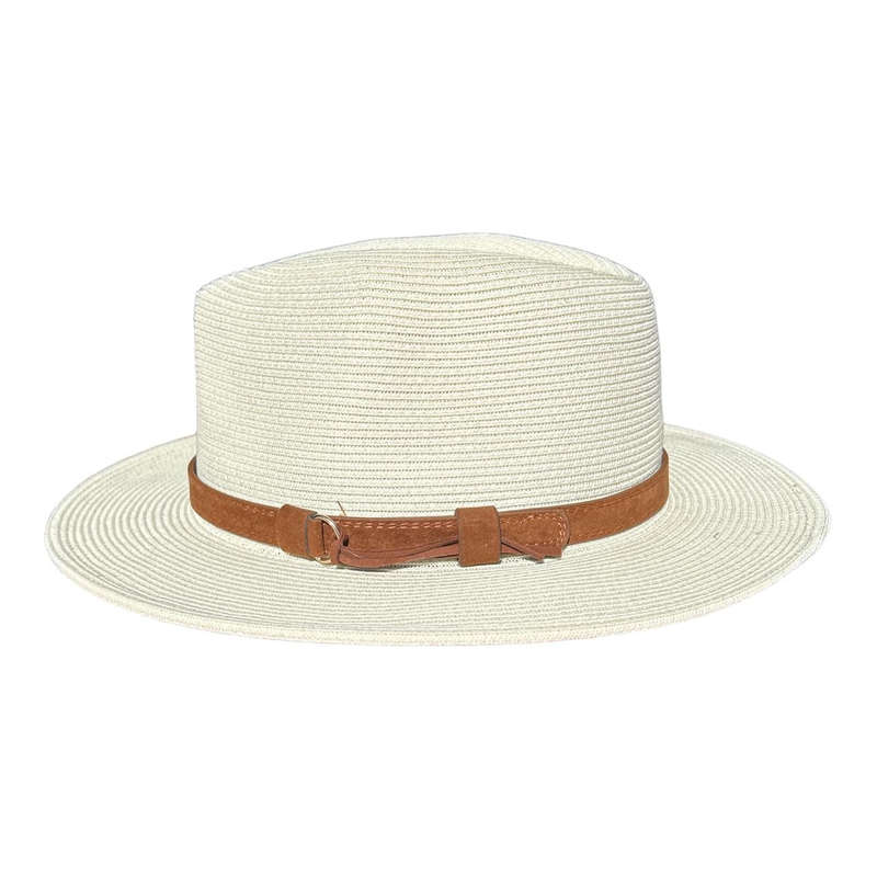 Fedora Hat - White, Brown Faux Leather Band