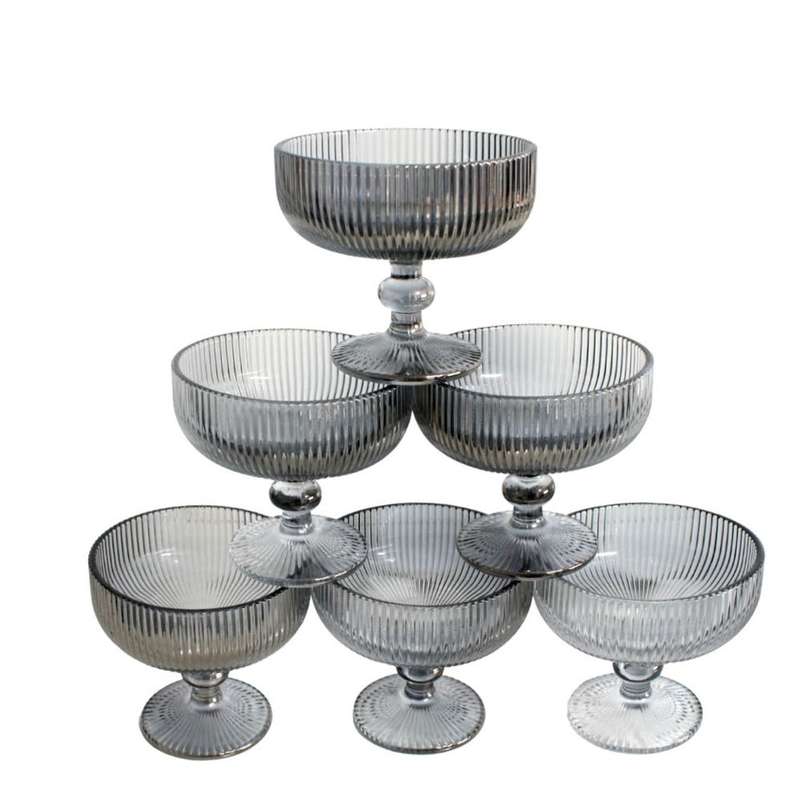 Glass Bowl Box of 6 - Chrome Silver Line Pattern