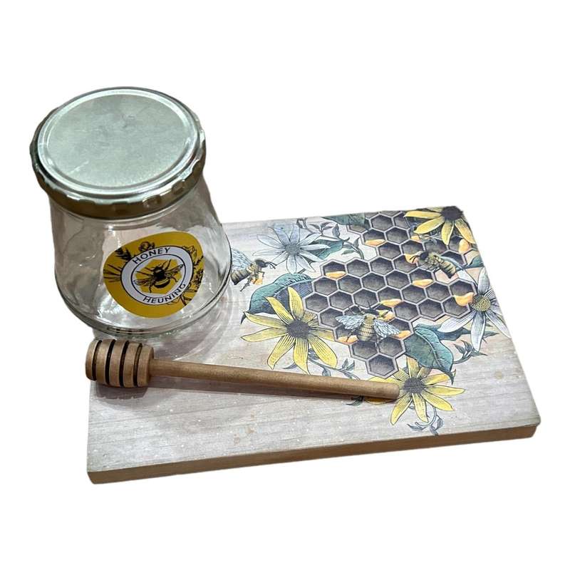 Glass Honey Jar, Dipper And Board - Bee, Flower And Honeycomb