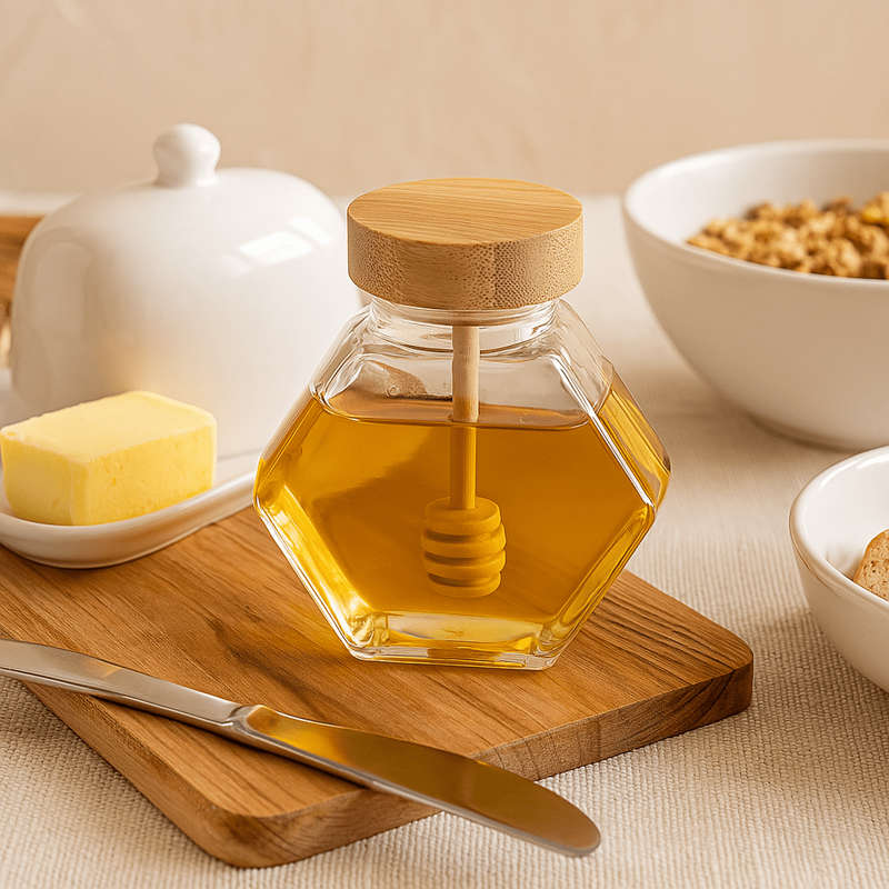 Glass Honey Pot, Wooden Lid And Spoon - 220ml