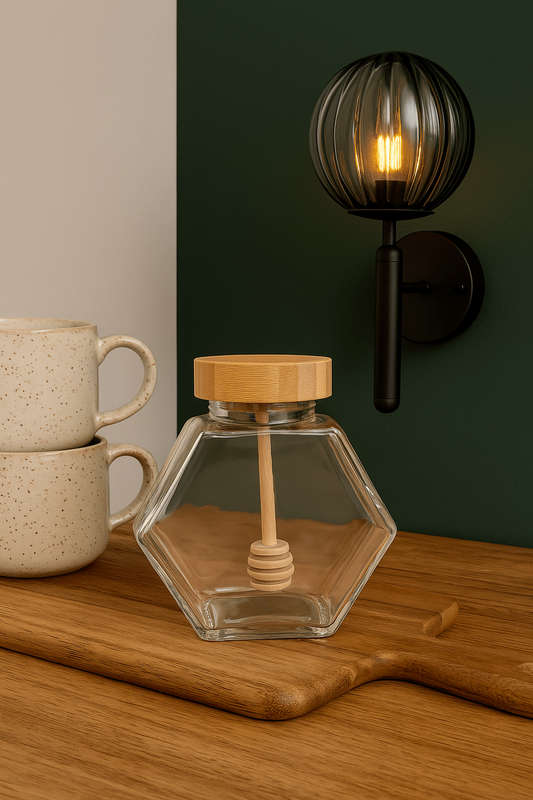 Glass Honey Pot, Wooden Lid And Spoon - 380ml