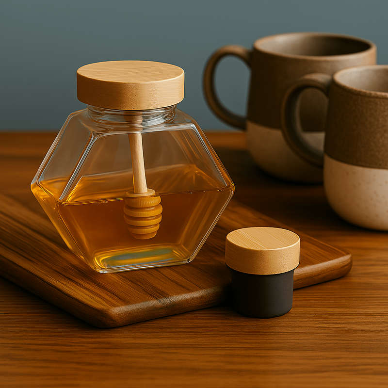 Glass Honey Pot, Wooden Lid And Spoon - 380ml