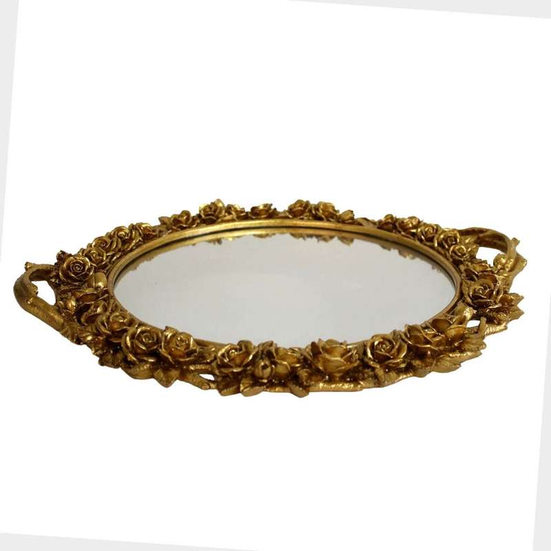 Gold Oval Roses Mirror Tray
