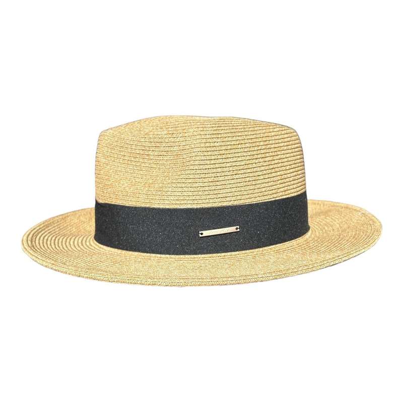 Hat - Beige, Black Band And Metal Plate